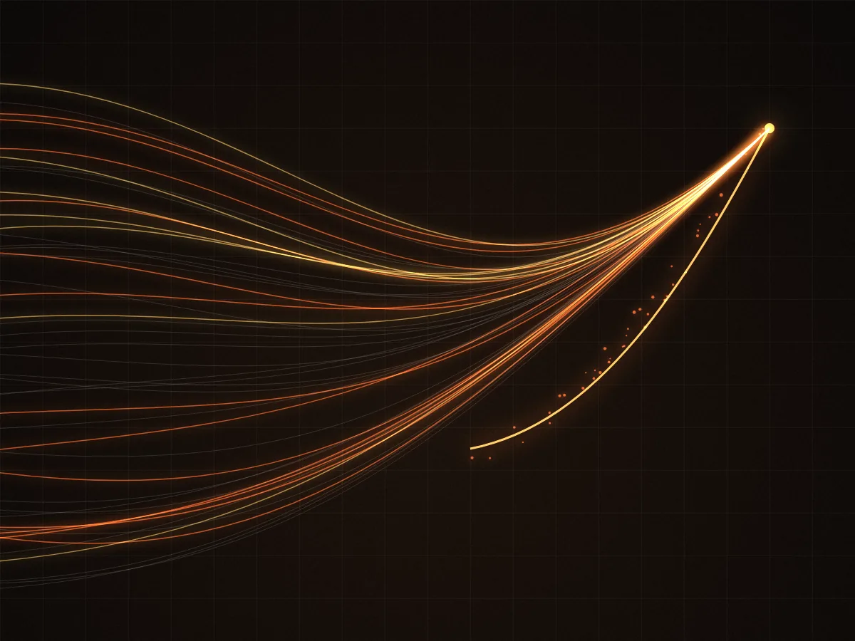 Abstract streams of light converging into a rising curve